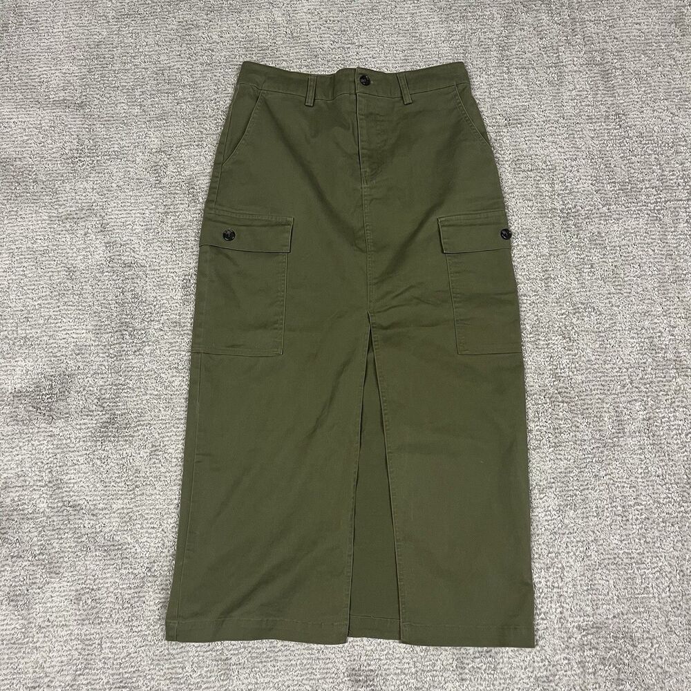 Jason Wu Skirt Womens XS Green Cotton Front Slit Maxi Cargo Pockets Classic